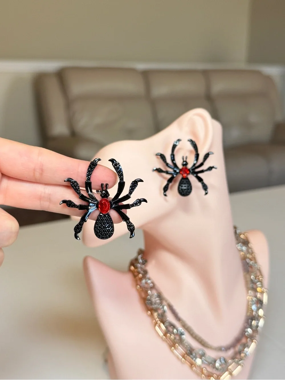 Black Spider Stud Earrings with Red Gem Center